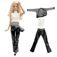 nk official 1 set clothes dress up suit casual denim jacket white top pu trouseres clothing for barbie doll accessories toys