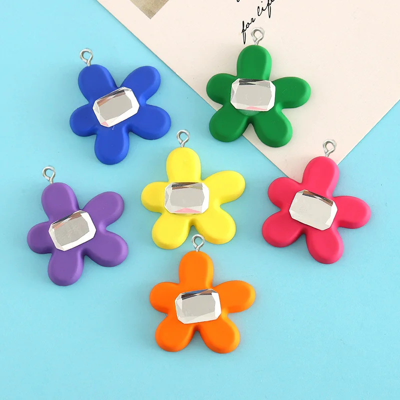 

6Pcs Korean Rhinestone Flower Flat Resin Charms Pendant for Jewelry Making DIY Necklace Earrings Keychain Accessories