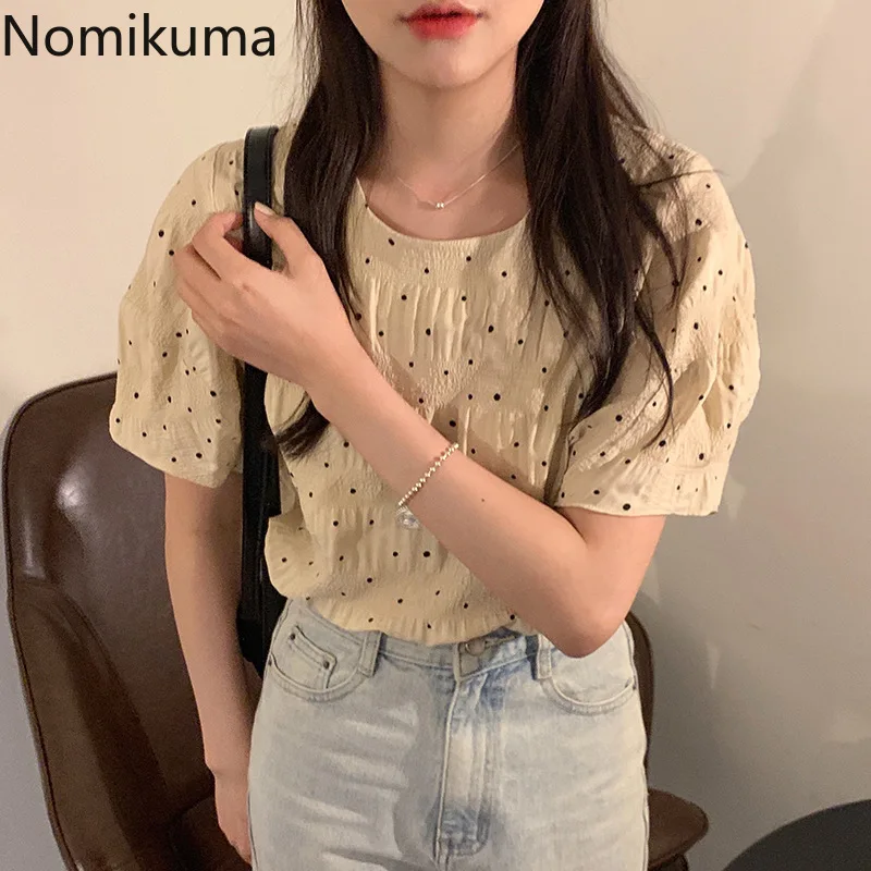 

Nomikuma Blouses Femme Summer Puff Sleeve Polka Dot Pleated Loose Roupas Femininas Korean Sweet Elegant Blouses Et Chemises