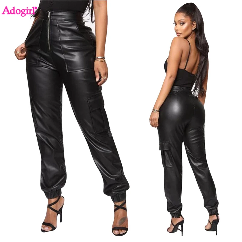 

Adogirl Solid PU Leather Cargo Pants Women Zipper Fly High Waist Pockets Elastic Cuff Casual Trousers Streetwear Club Bottoms