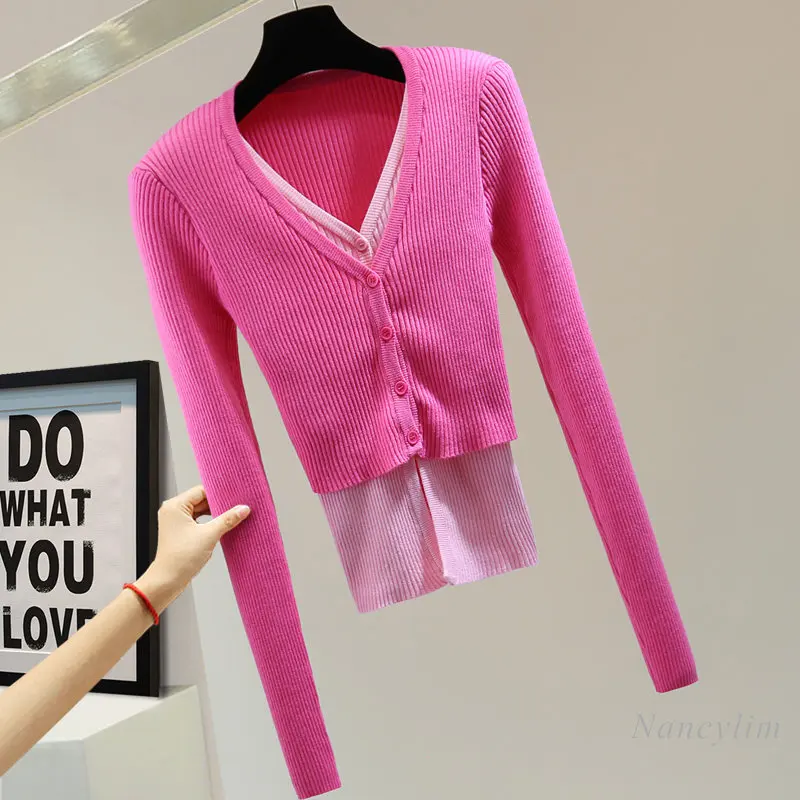 

Женский эластичный кардиган, универсальный облегающий свитер из двух частей с V-образным вырезом, модель 2023 года в Корейском стиле на весну