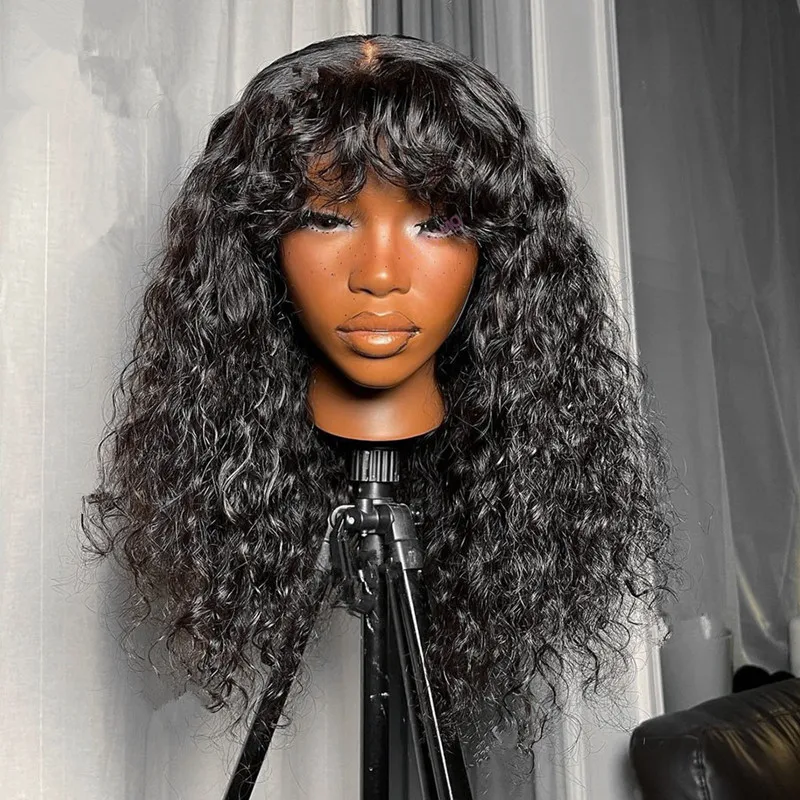 

Natural Black 26Inches Kinky Curly Machine Wig With Bangs For Black Women High Temperature Fiber Cosplay Glueless Daily Use Wig