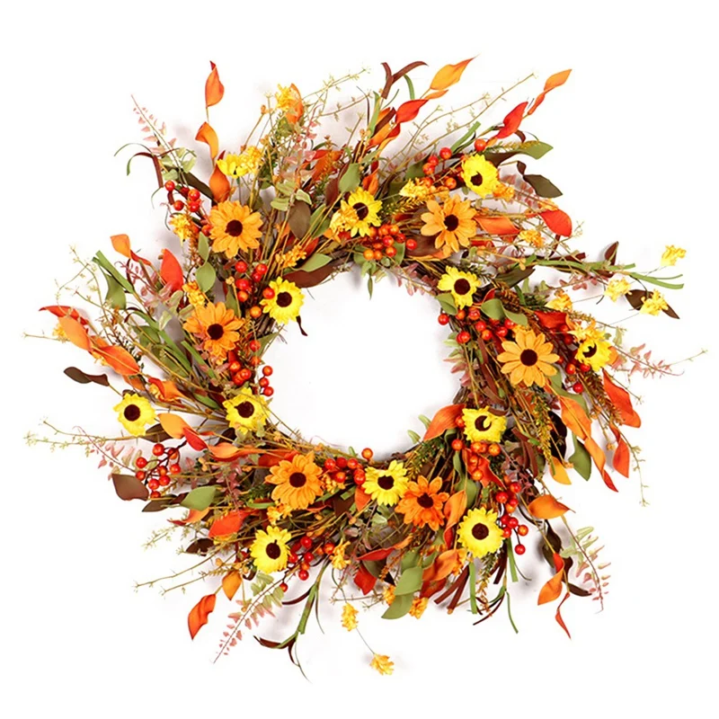 

Fall Floral Wreath,Autumn Wreath For Front Door Orange Yellow Red Daisy Flower Wreath Artificial Wreath For Home Decor