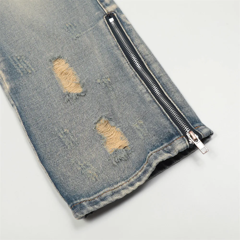 Ins Y2k Mens Washed Denim Jeans High Street Hole Hip Hop Fashion Straight Loose Wide-Leg Long Pants Feet with Zipper Hot Sale