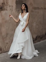 elegant organza boho slit sleeveless sexy v neck wedding dress custom tiered bride gown with bow robe de mari%c3%a9e wedding gown