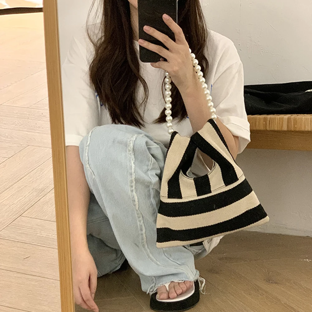 

Zebra Striped Canvas Shoulder Bags Women Vintage Pearls Beading Crossbody Pouch Korean Style Design Female Underarm Handbags