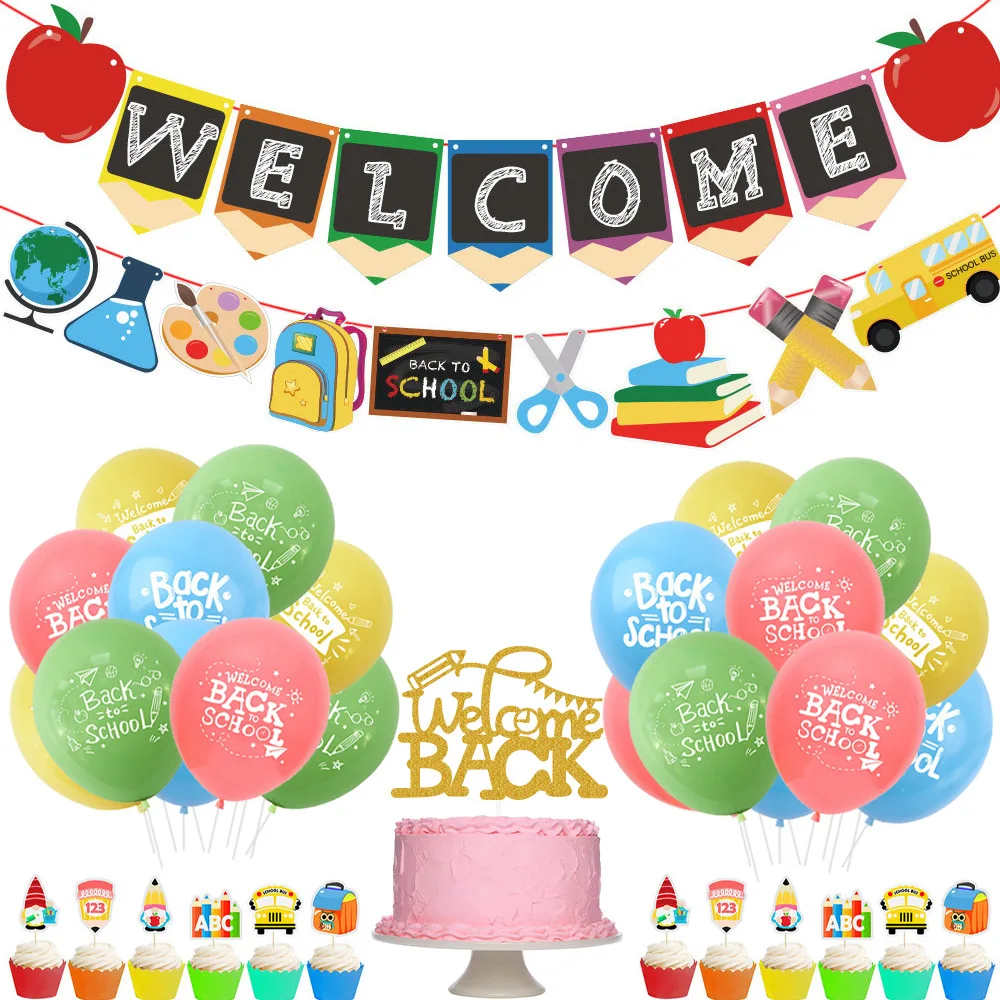 

Back To School Season Party Decorations Set Welcome Banner School Bus Pattern Cake Decoration Entrance Ceremony Classroom Setup