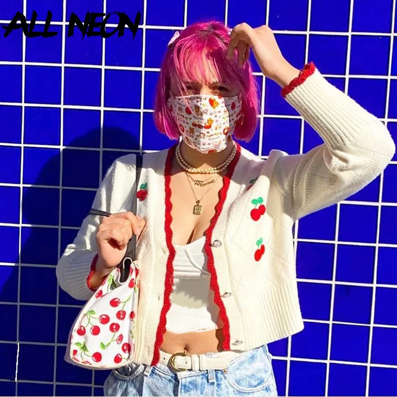 

ALLNeon 2000s Aesthetics Kawaii Cherry Embroidery Knit Cardigans Y2K Fashion Cute Button Up Long Sleeve Oversized Jumpers Loose