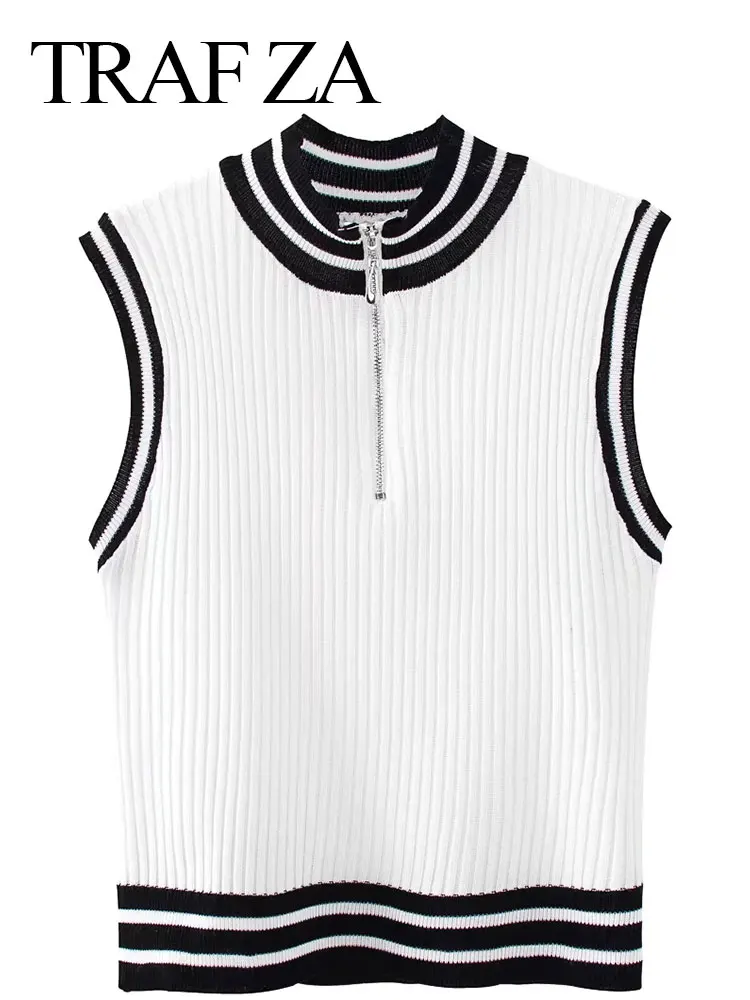 

TRAF ZA Fashion Knit Fabric Sleeveless Women White Vest Black Side Slim Pullover Zip Short Tank Top High Quality Skin-friendly