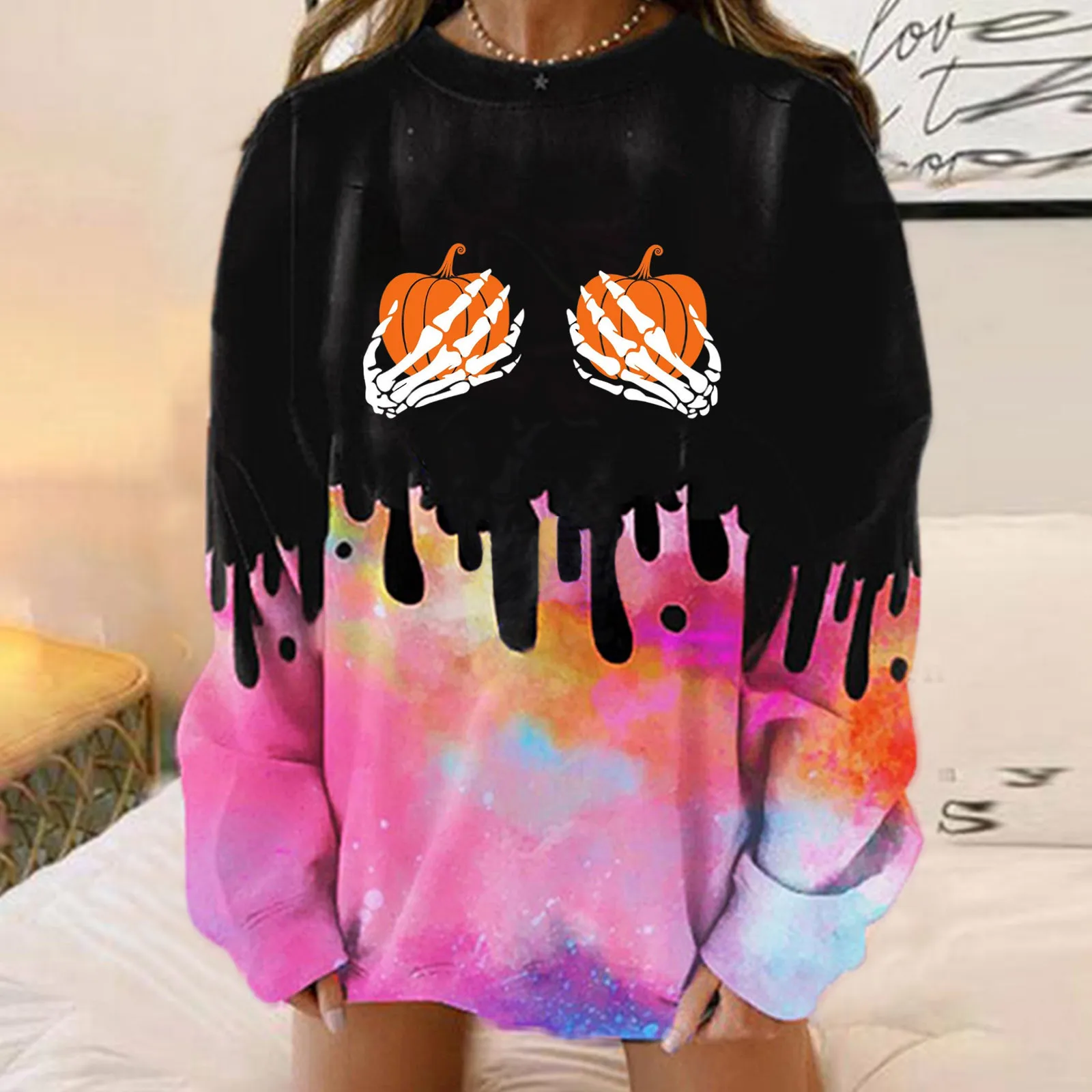 

Printed Halloween Loose Colorblock Tie-Dye Ladies Round Top Sweatshirt Baggy Long Sleeve Shirt Ladies Sweatshirts Tunic Style