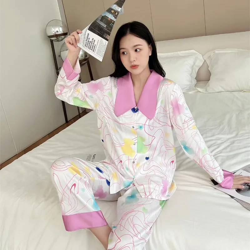 2023 Autumn Cardigan Pajamas Long-Sleeved Trousers Colorful Bear Can Outerwear Homewear Suit Lapel Fashion Ice Silk