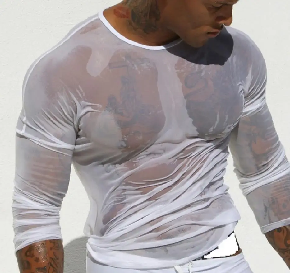 

Men Sexy Silky Ultra Thin Shirt Perspective Long Sleeved Translucent Mesh Round Neck Casual Stylish