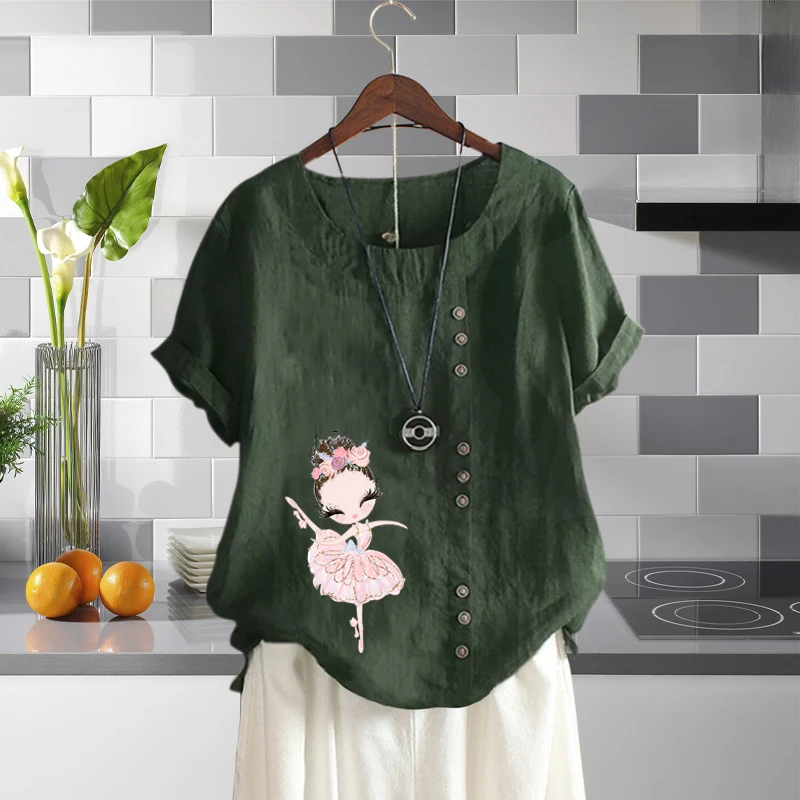 

New Arrival Summer Women Linen Blouse Beautiful Girl Printed Loose T-shirt Breathable Round Neck Solid Short Sleeve Top XS-5XL