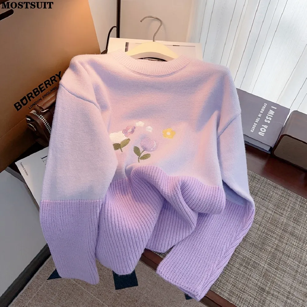 

Женский свободный свитер с цветочной вышивкой, Повседневный пуловер с длинным рукавом и круглым вырезом, вязаный джемпер, весна 2024