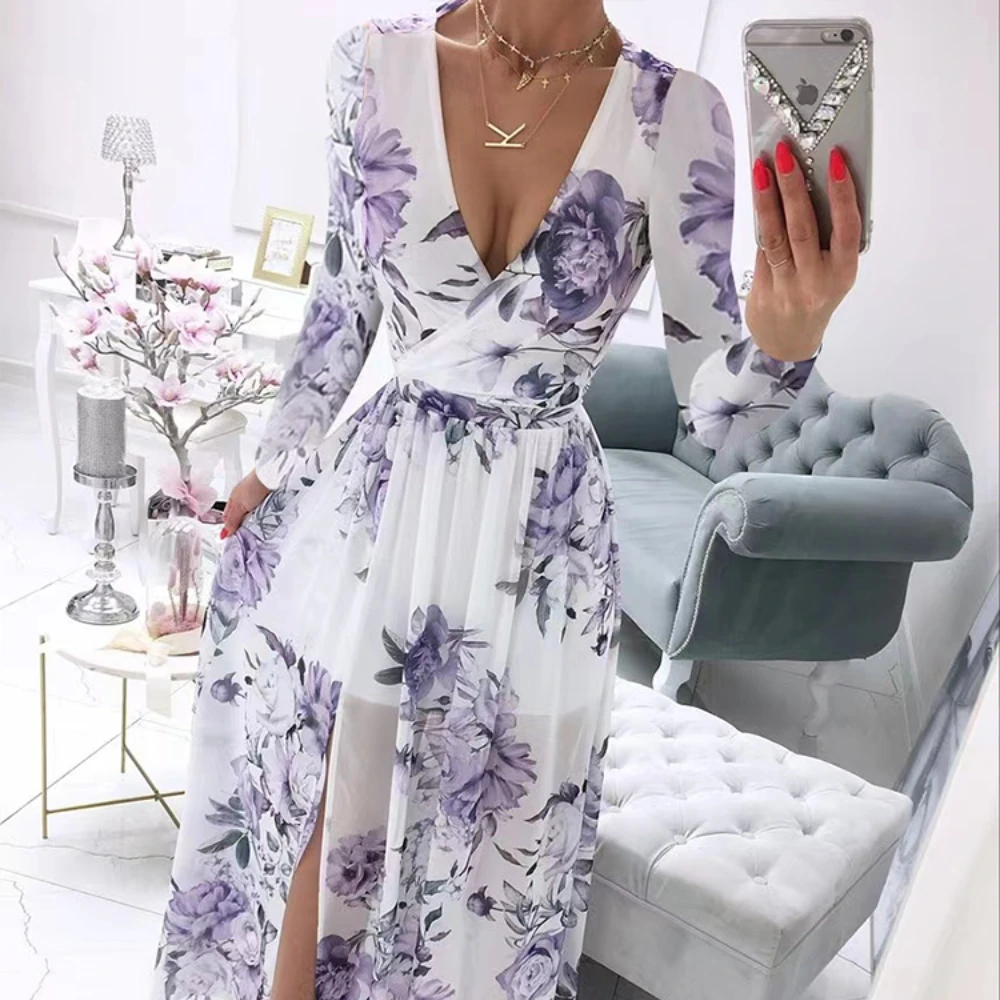 Fashion Lady Mesh Transparent Party Dress Sexy V Neck Floral Print Long Dress Spring Long Sleeves Boho Slit Maxi Dress Vestidos