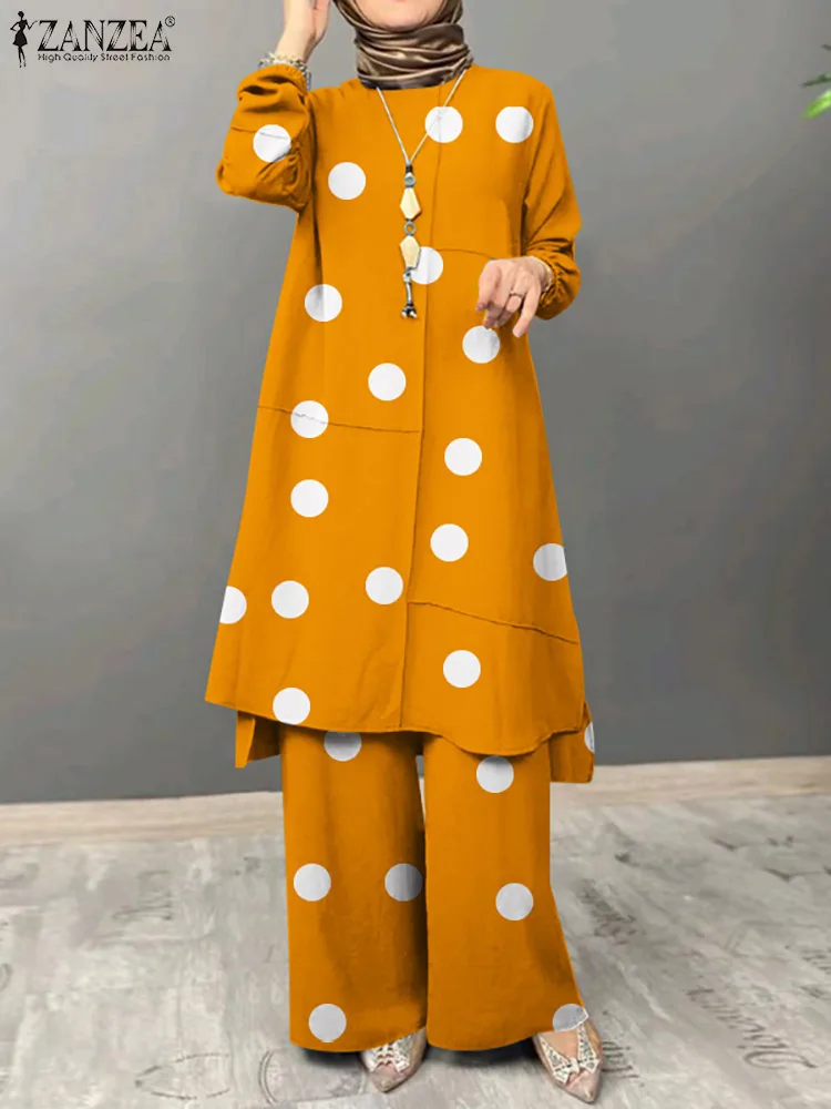 

ZANZEA Elegant Causal Tracksuit Polka Dots Printed Matching Sets Muslim Suits Full Sleeve Wide Leg Pant Solid Islamic Clothing