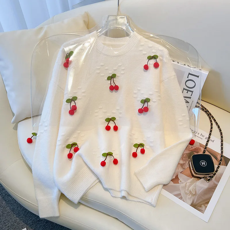 

2022 New Autumn Winter Women Loose Pullover Sweater High Quality Sweet 3D Cherry Jacquard Knitted Sweater