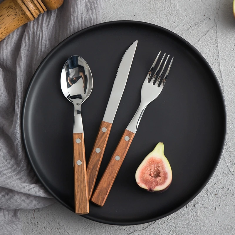 

304 Stainless Steel Imitation Wooden Handle Cutlery Set Dinnerware Clamp Western Tableware Knife Fork Spoon Set 18/10 Silverware