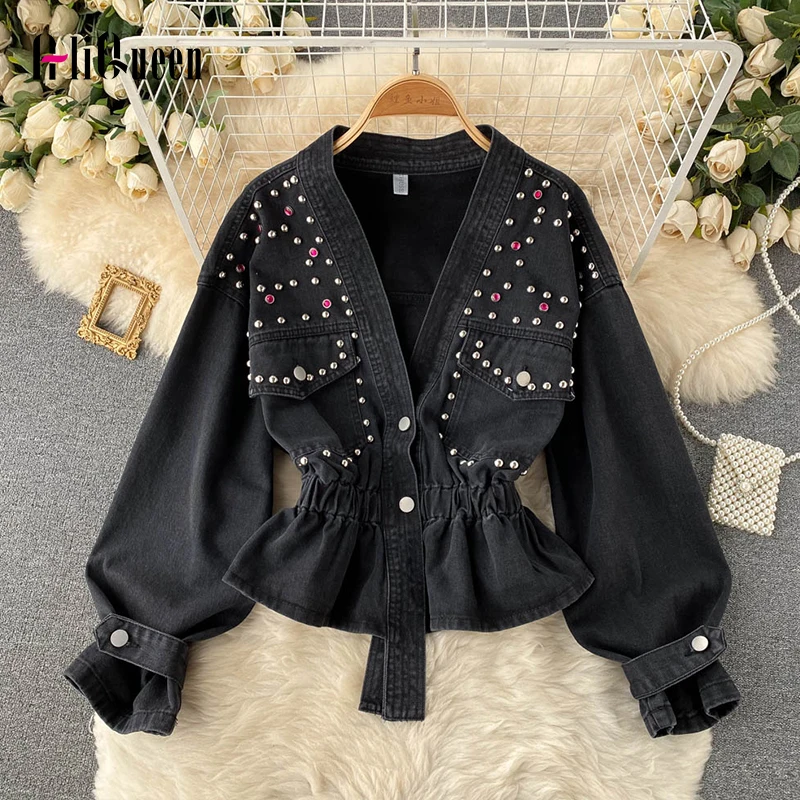 

Осенняя ВИНТАЖНАЯ ДЖИНСОВАЯ верхняя одежда, женские дизайнерские однобортные топы с бисером, модная Корейская уличная одежда, короткая куртка