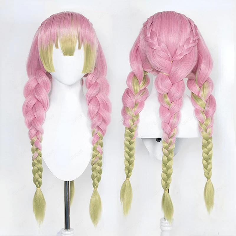 

Anime Demon Slayer Kanroji Mitsuri Cosplay Wig Long Pink Green Braids Party Role Play Hair Heat Resistant Synthetic Wigs+Wig Cap