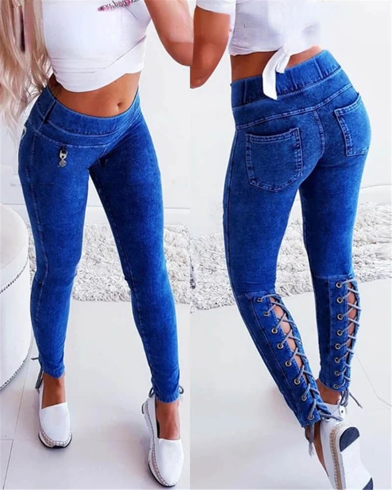 Moda casual calças de cintura alta design laço-up cor sólida laço-up magro hip lift jeans azul denim calças 2022 verão novo