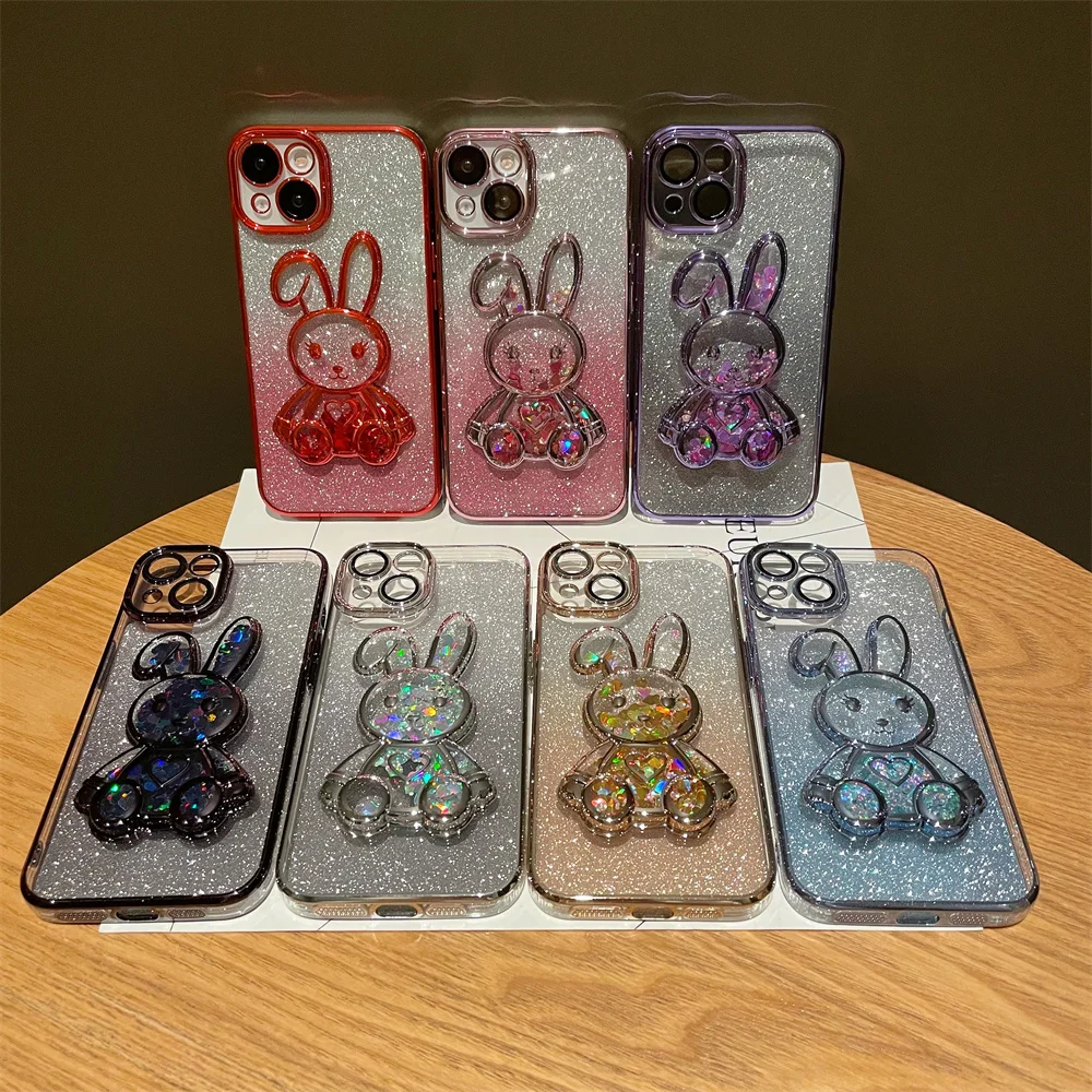 Quicksand Rabbit Glitter Phone Case For iPhone 11 12 13 14 Pro Max 14 Plus Bling Love Heart Camera Film Protector Plating Cover images - 6