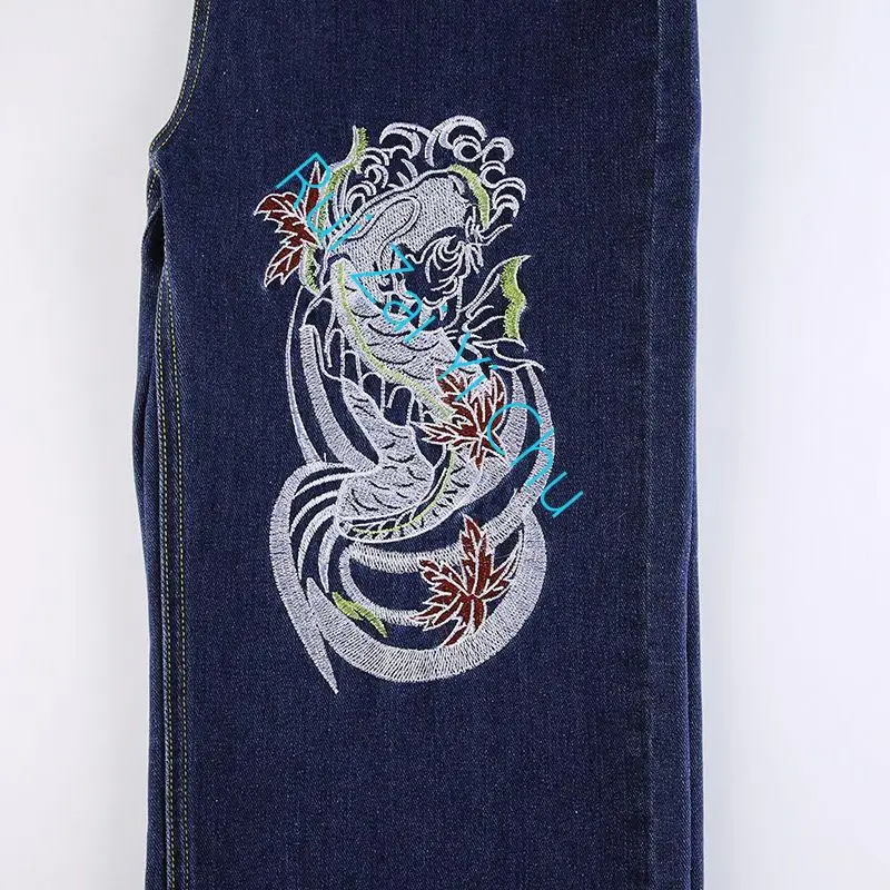 Retro National Tide Unilateral Pattern Embroidery Handsome Women's Jeans Straight Casual Loose Wide-Leg Pants American New Y2K