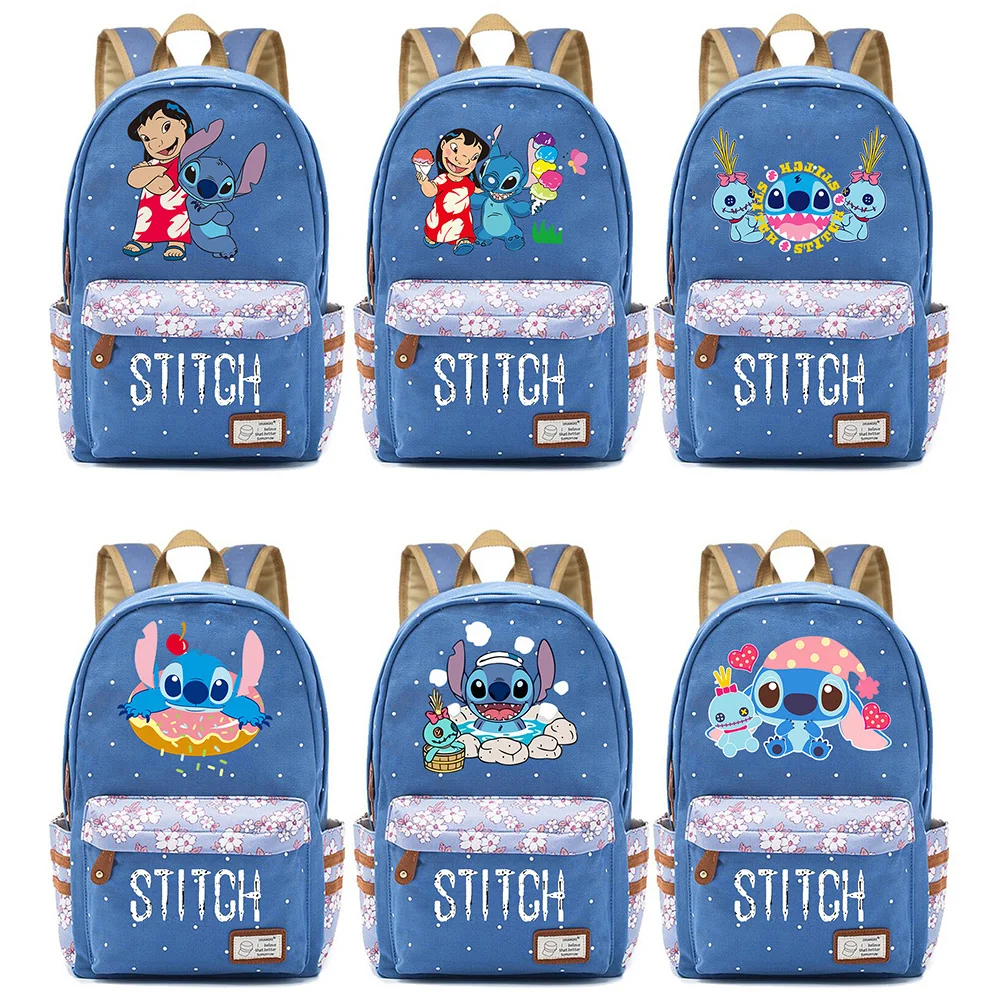 Disney Fashion Anime Cartoon Stitch Schoold bag Student Polka Dot Flower Canvas bag Travel Youth Casual Durable Backpack