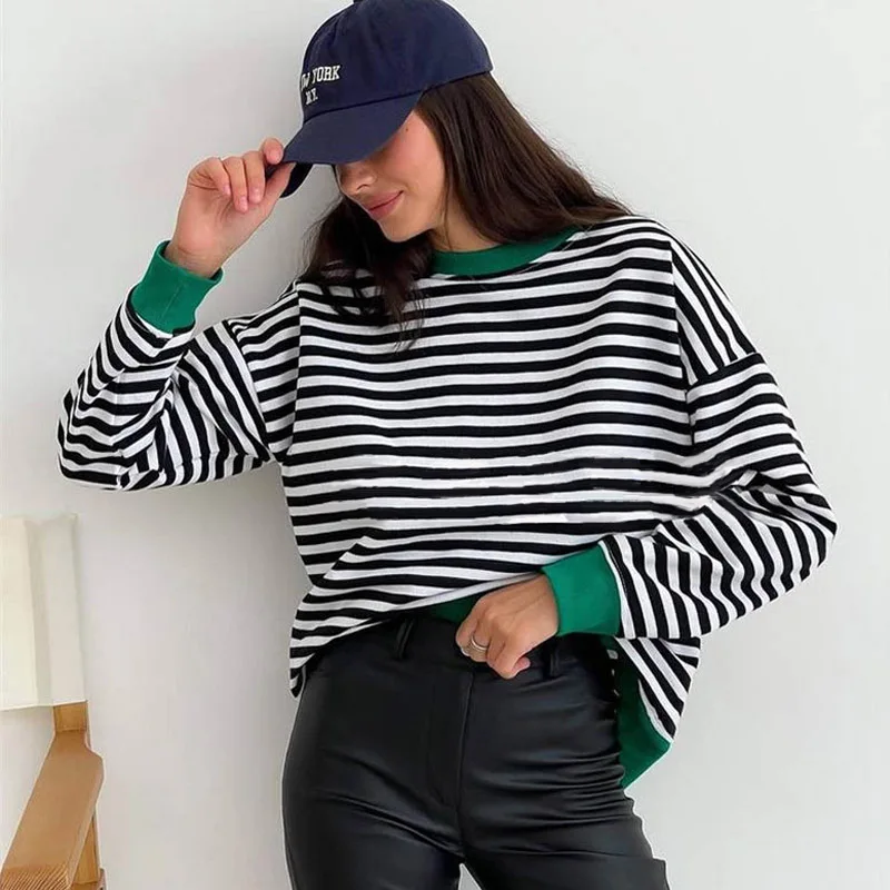 

Contrast Color Striped T Shirt Woman Long Sleeve O Neck Spring Autumn Pullover Top Tees Simple Casual T-shirts Trend Street Wear