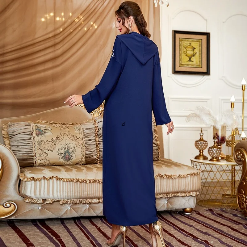 Women's Robe Tibetan Blue Handmade Diamond Hooded Dress Muslim Maxi Dress 2022 New Kaftan Abayas Djellaba Moroccan Vestidos