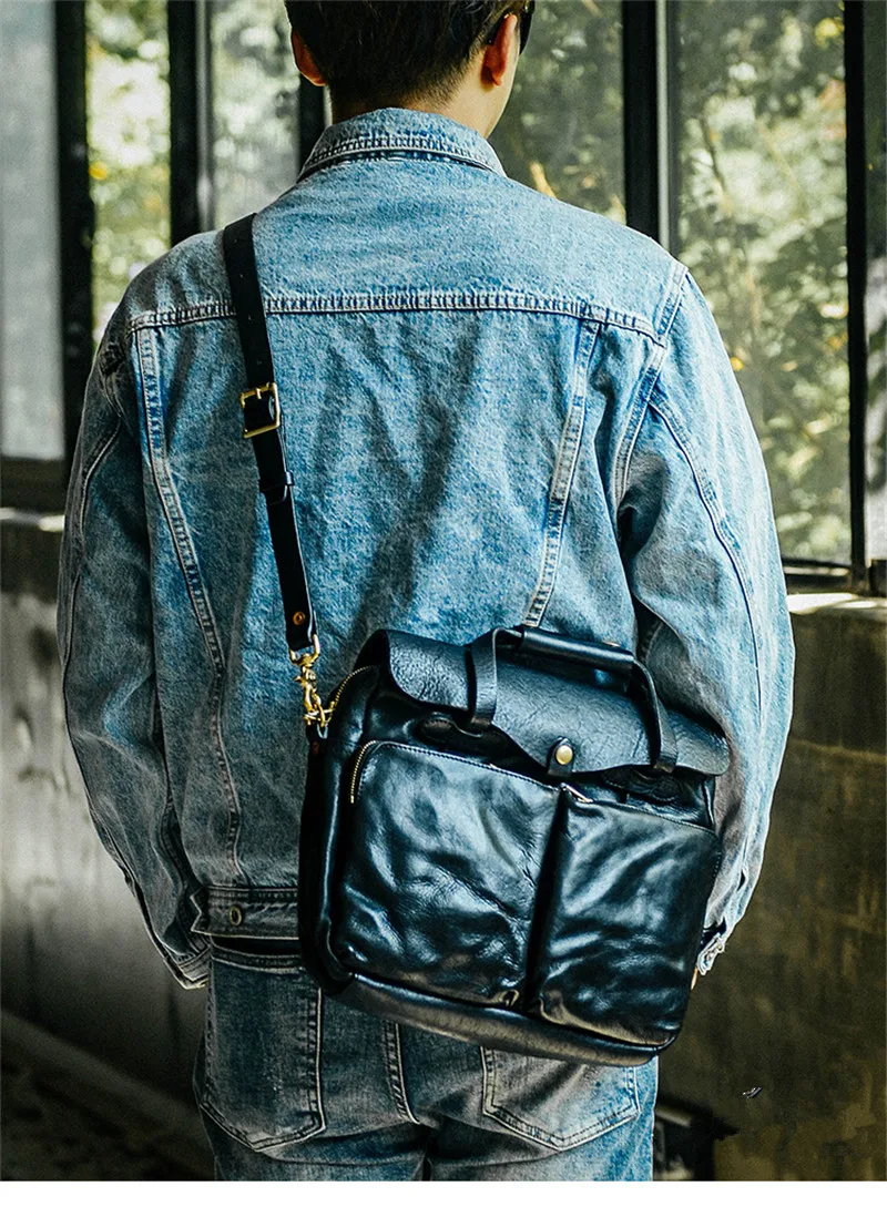 Simple casual luxury natural genuine leather men black large-capacity portable briefcase work business shoulder messenger bag