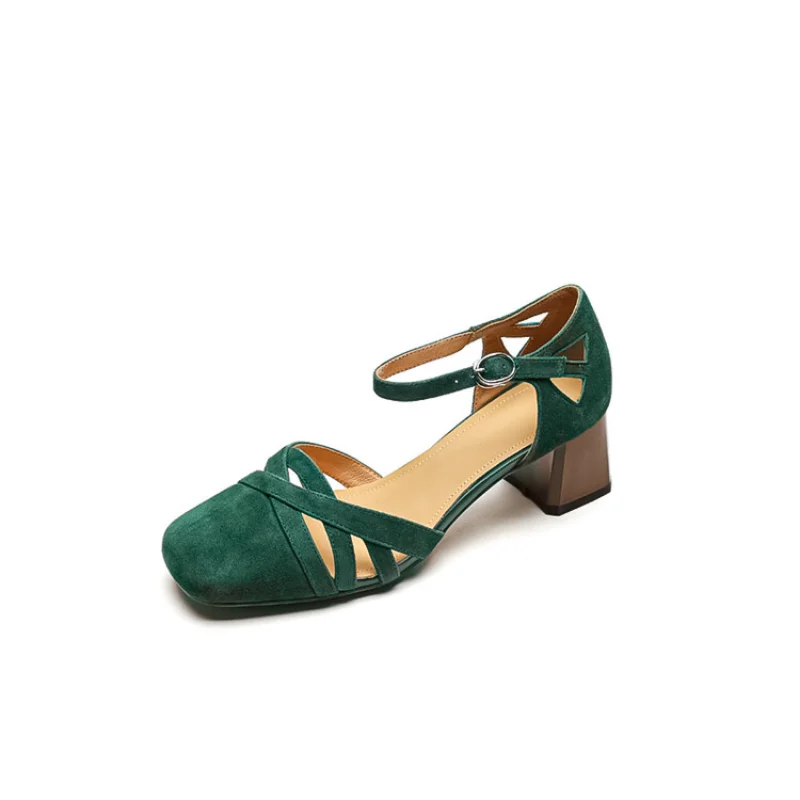 Leather Bowhead Hollow Sandals Women's Summer New French Retro Style One Line Buckle Chunky Heel Roman Sandals C1001