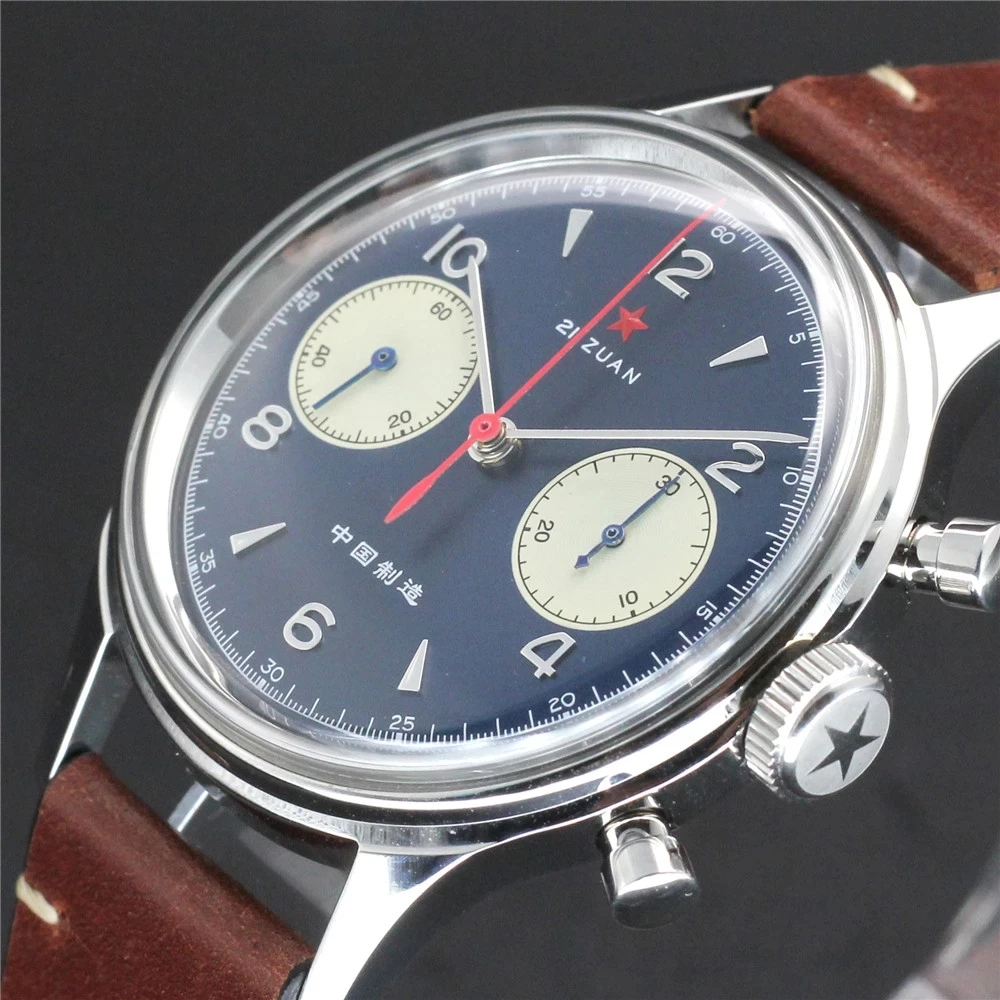 

RED STAR Vintage Mens Chronograph Hand Winding Watch 1963 Seagull Movement Acrylic/Sapphire Deep Blue Pilot Clock with Gooseneck
