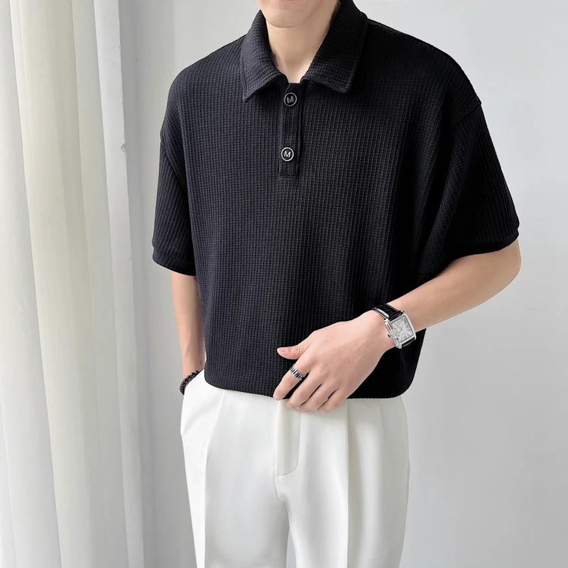 

Classic Solid Color Waffle Polo Shirts for Men Summer Loose Short Sleeve Casual T-shirt Fashion Oversized T-shirt Lapel Tee Tops