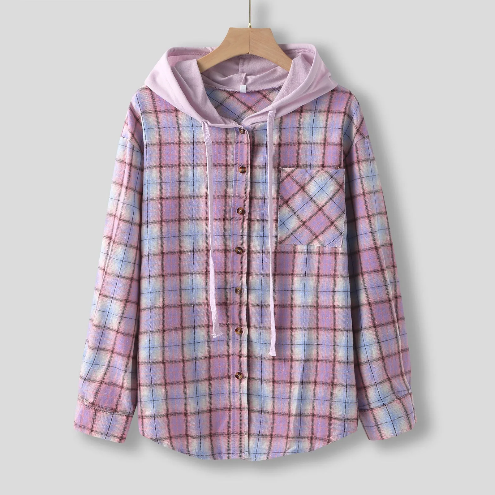 

Women Casual Plaid Print Button Long Sleeve Hooded Sweatshirt Strap Pocket Shirt Coat Womens Purple Long Sleeve Tee