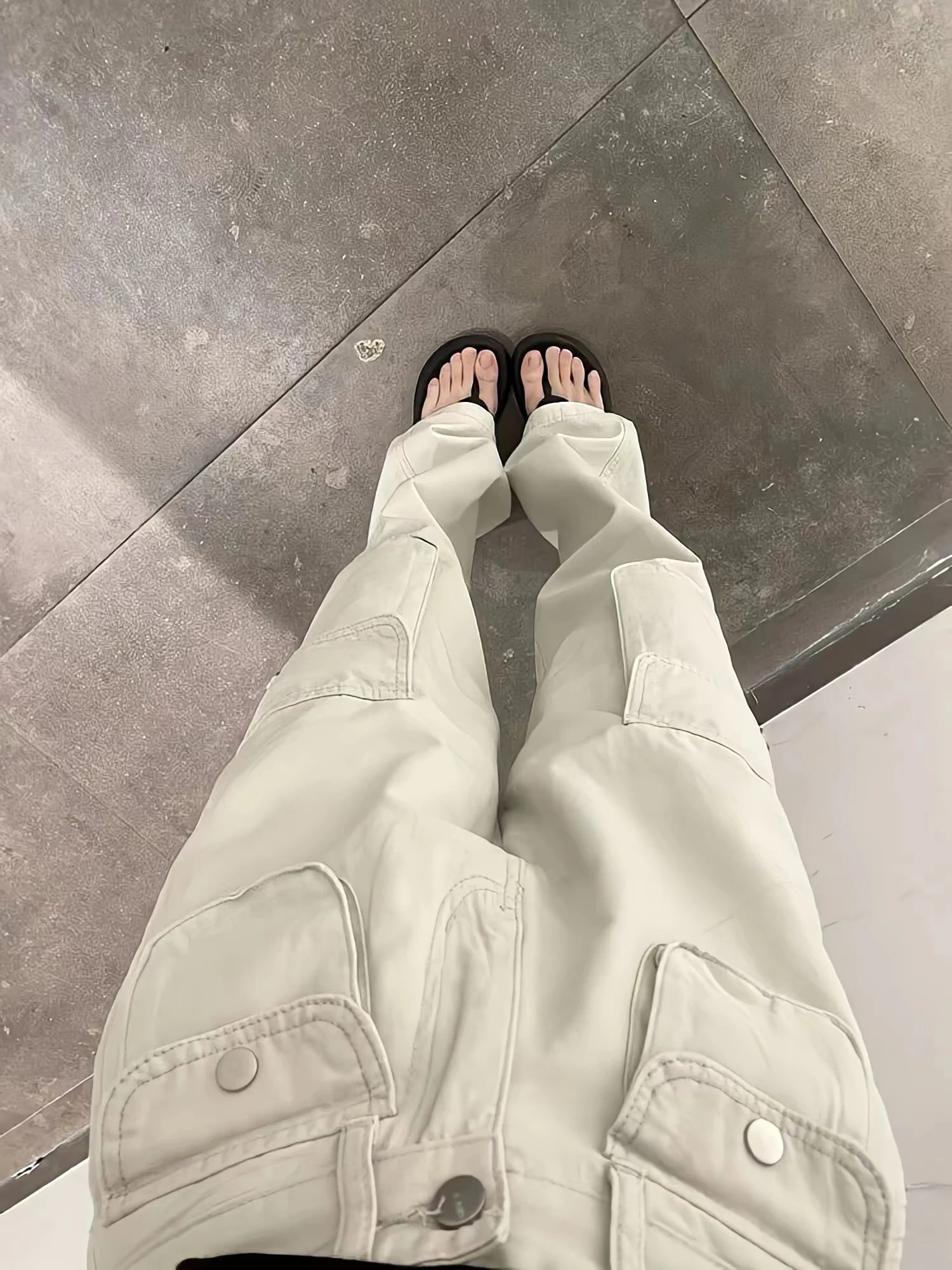 Vintage 90s Womens Solid Cargo Pants Loose Wide Leg Straight Pants Streetwear Lady Hip Hop Trousers Leisure All-Match Overalls