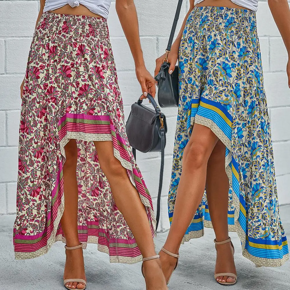 

Stylish Elastic High Waist Skirt Floral Women Ethnic Print High Low Hem Long