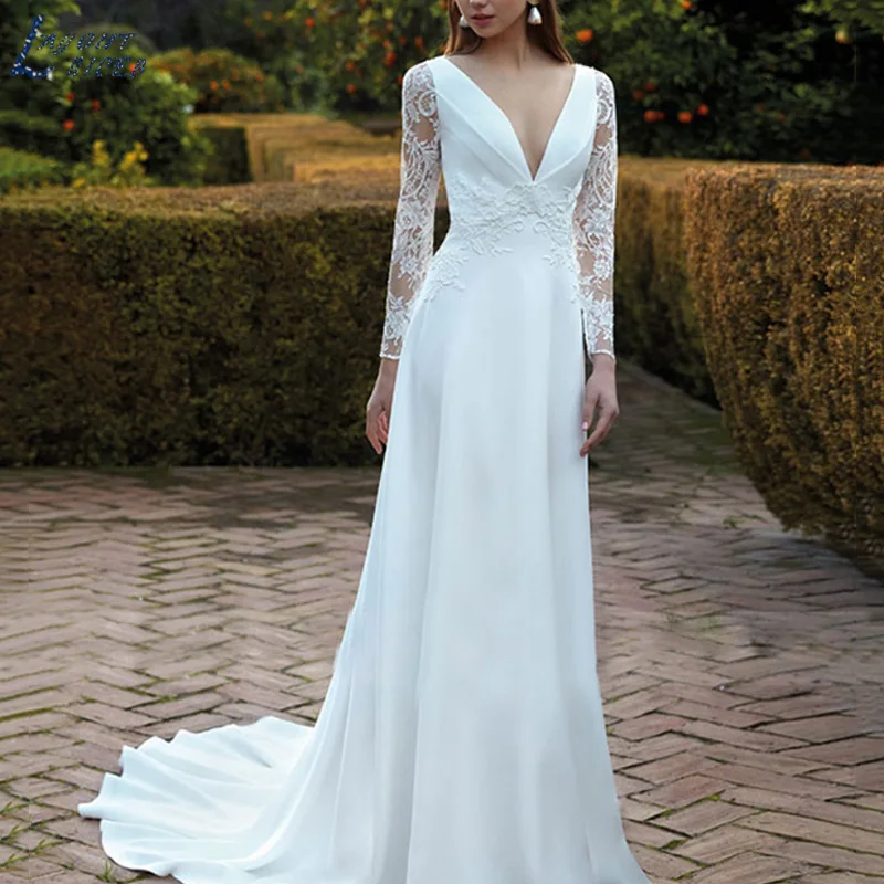 

LAYOUT NICEB Civil Wedding Dresses Illusion Lace Back Bridal Gowns Long Sleeve Chiffon Sweep Train robe de mariée bohème