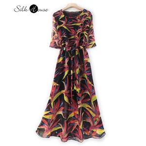 Silk Dress Medium Length Women's Fashion Dress New Round Neck Medium Sleeve Mulberry Silk Dress Beach Dress Double Layer