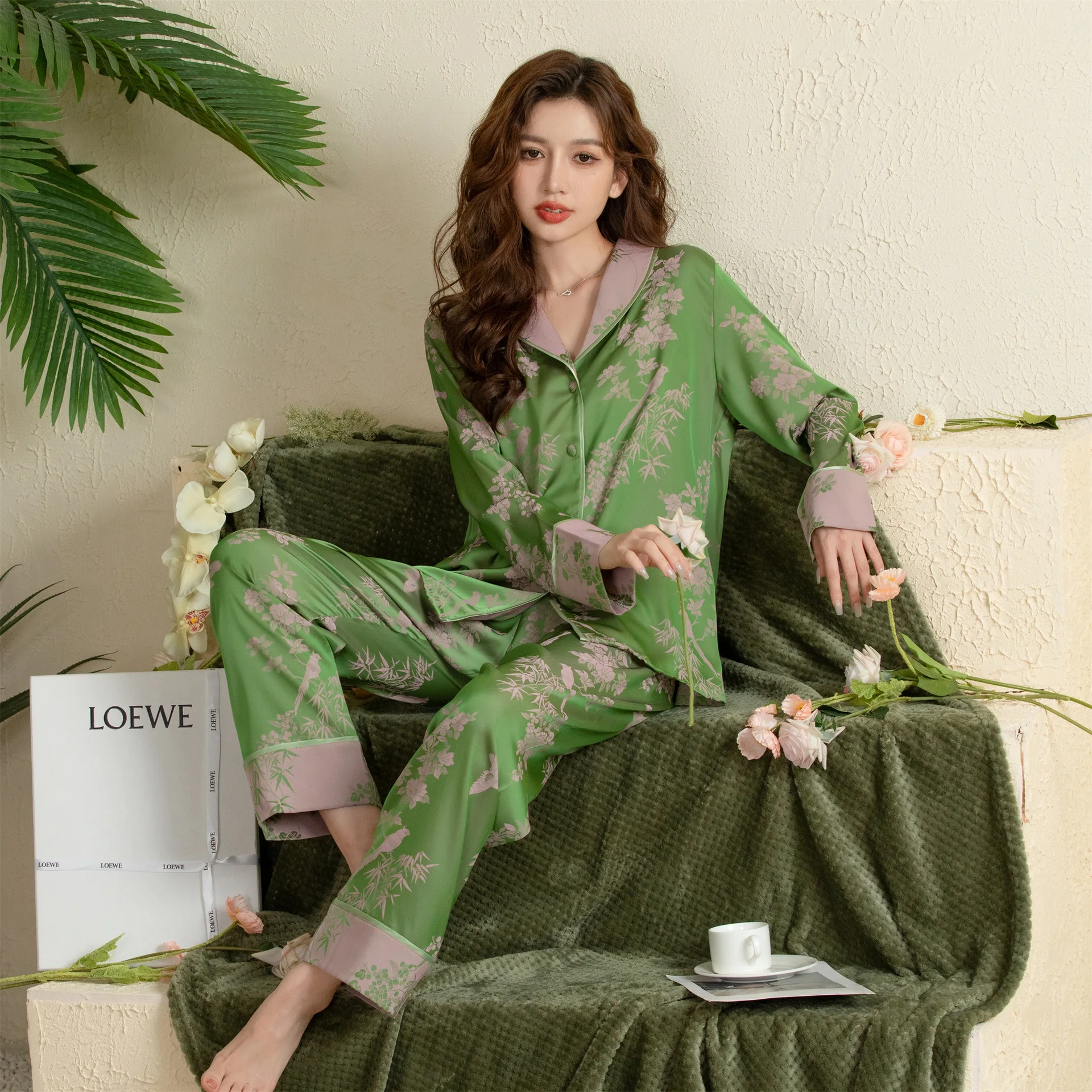 2023 Spring Silk Pajamas Women's Long Sleeves Simple Autumn High Quality Sleepwear Suit V-neck Comfortable Print Loungewear