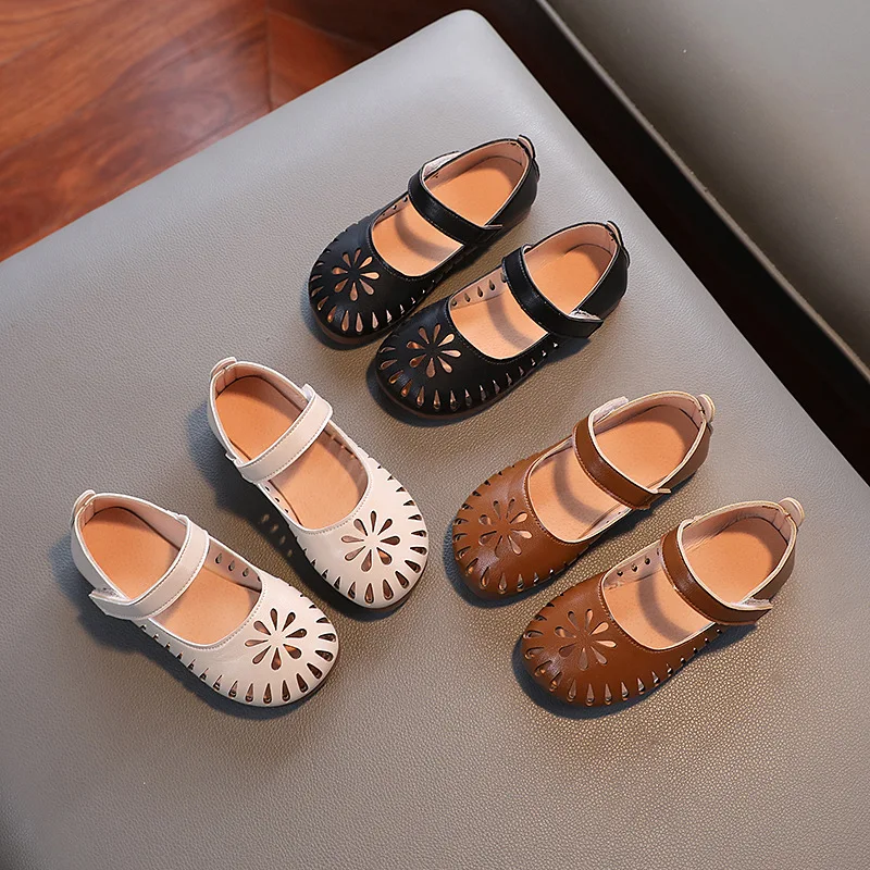 

Children Casual Shoes for Girls Hollow Round-toe Platform Simple 2023 Summer New Soft Princess Shoes Non-slip Britain Style PU