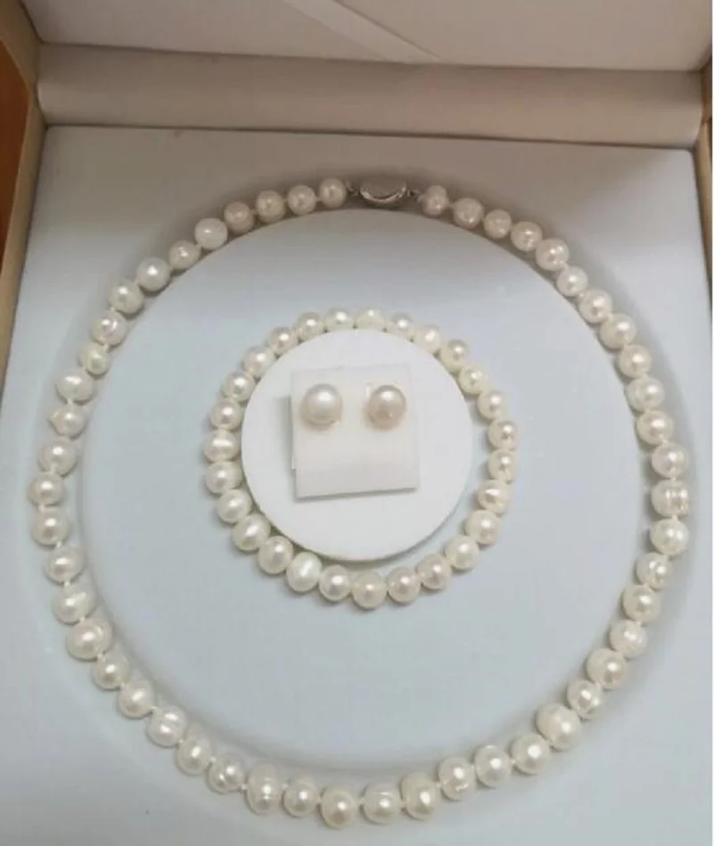 Высококачественное ожерелье браслет серьги с белым жемчугом размером 9-10 мм 18
