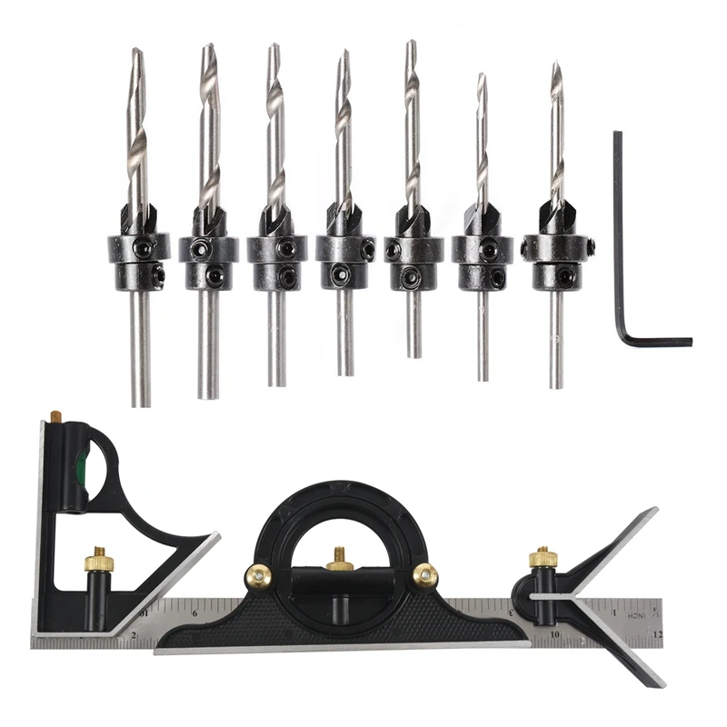 

Набор сверл с потайной головкой, комплект из 22 квадратных насадок, угломер и транспортир, спиртовой уровень, линейка, угломер
