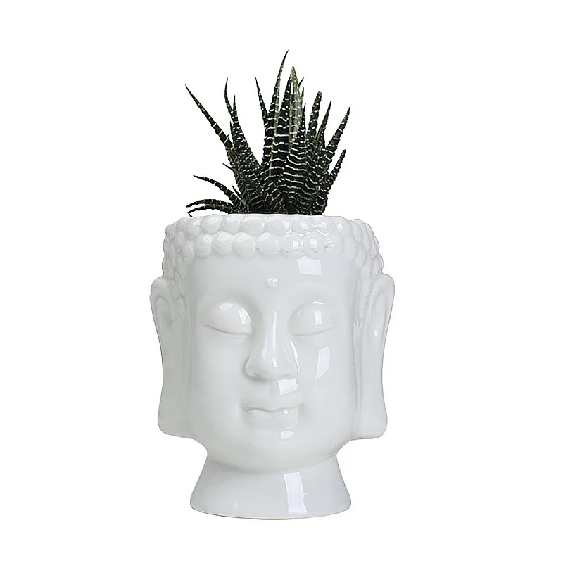 Creative White Glazed Ceramic Buddha Head Vase Decorative Porcelain Succulent Plant Pot Small Cute Tabletop Flowerpot Home Decor
