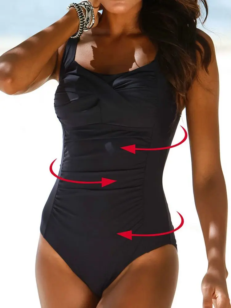 Женский слитный купальник с рюшами черный купальный костюм в стиле ретро на