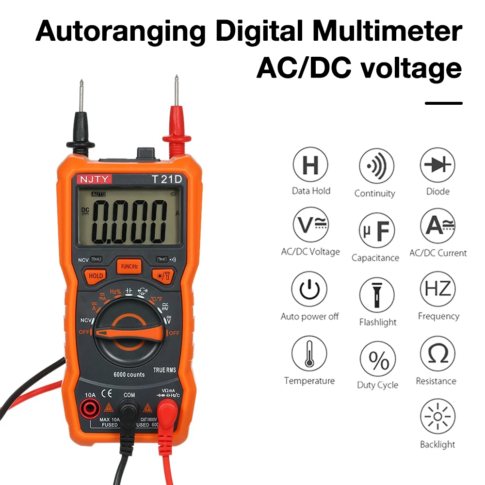

DIY-More Multimeter T21D Multimetro Tester Digital Multimeter 6000 Counts Auto Ranging AC/DC Voltage Temperature Measuring