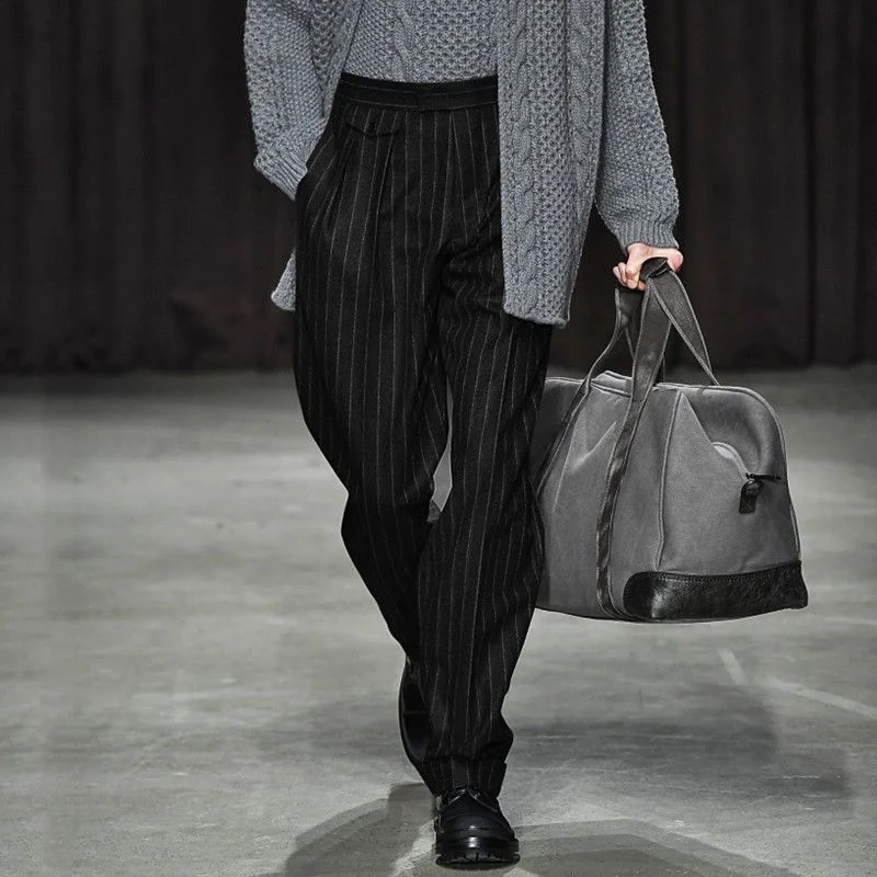 

2023 Autumn Winter Men's New Loose Straight Trousers Male Business Casual Striped Pants Men High Waist Woolen Suit W128