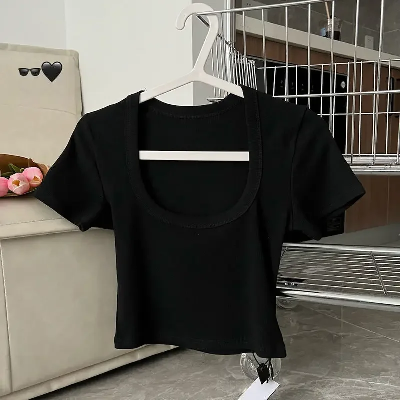 Корейская Яркая Цветная облегающая футболка с глубоким U-образным вырезом для