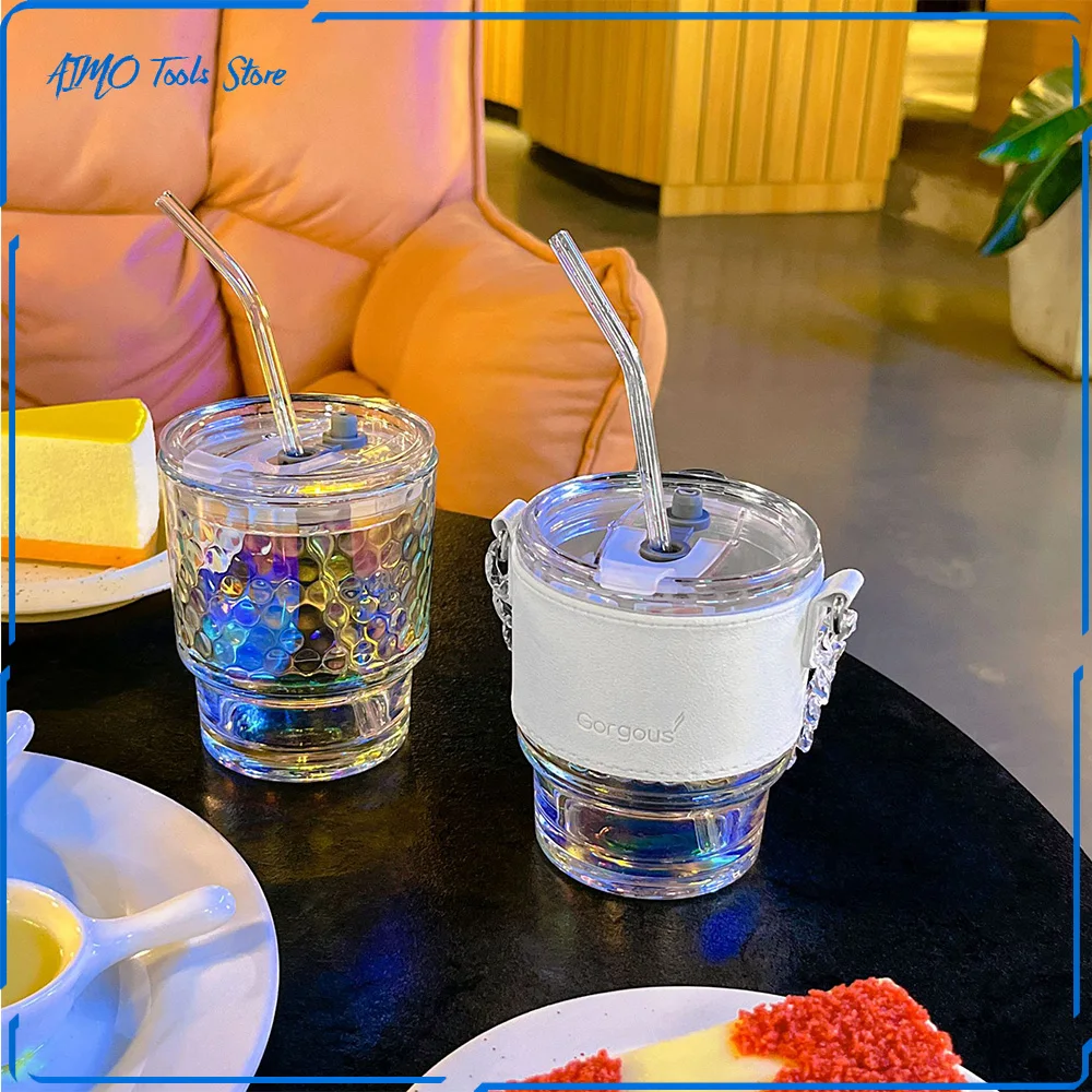 

INS Portable Chain Glass Cup Double Drink Straw Cup Water bottle Coffee Cup Milk Water Cup 380ml/420ml AM1533