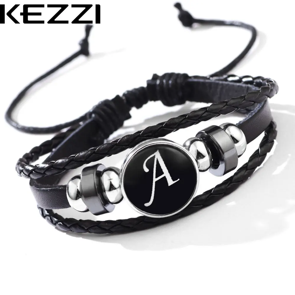 

Kezzi classic simple bracelet personality fashion 26 English letters leather woven black gallstone bracelet bangles for women